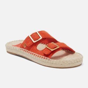 New Tory Burch Selby Two Band Espadrille Slide Sandals Orange Sz 8.5